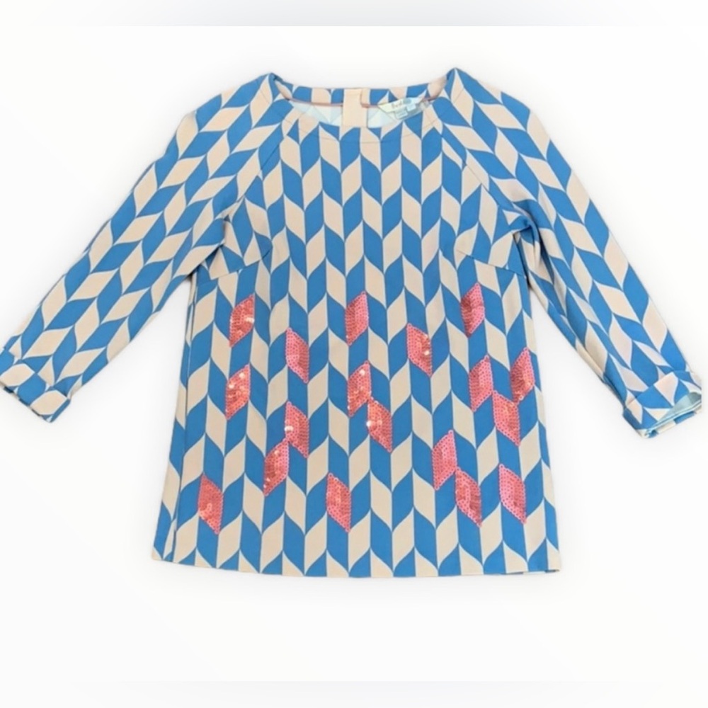 Boden Geometric Top‎ Blue & Beige Pink Sequin Details Womens 8